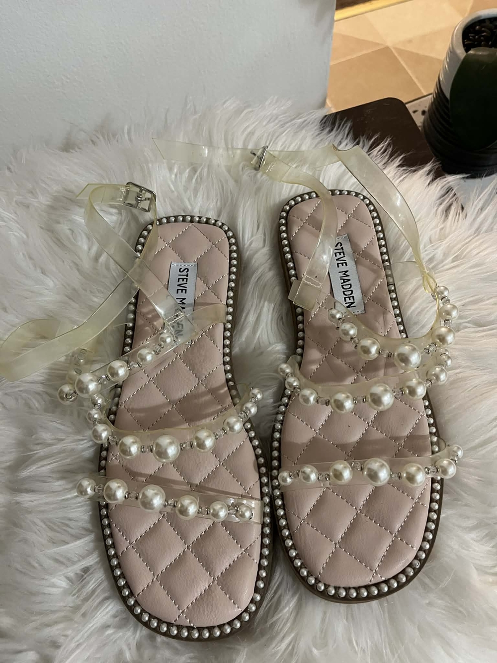 Steve Madden Pearl-Strap Clear Ankle Sandals - Nude/White Pearls New Whithout La - Picture 4 of 8